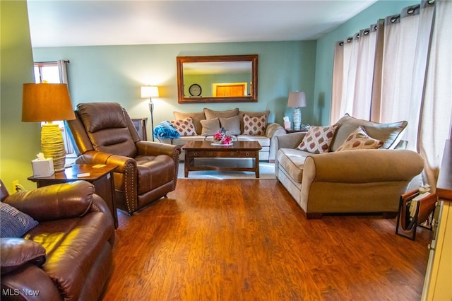 living room featuring dark wood-type flooring