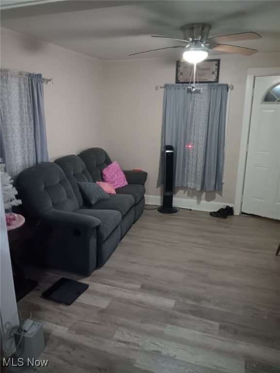 living room with light hardwood / wood-style flooring and ceiling fan