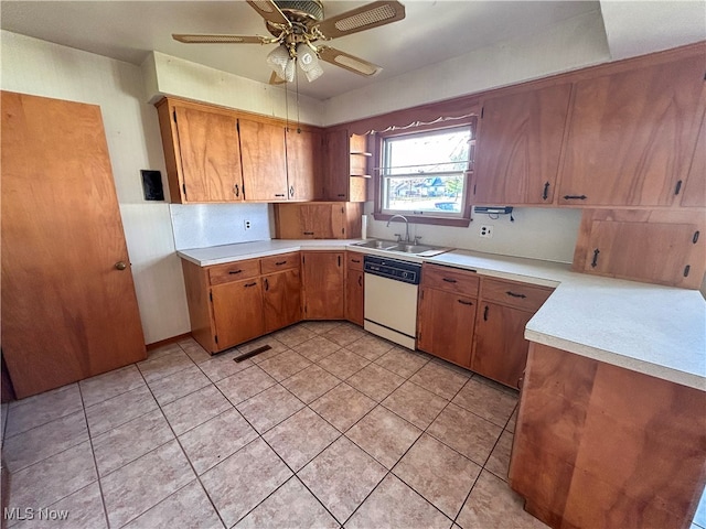 kitchen featuring ceiling fan, sink, white dishwasher, and light tile patterned floors