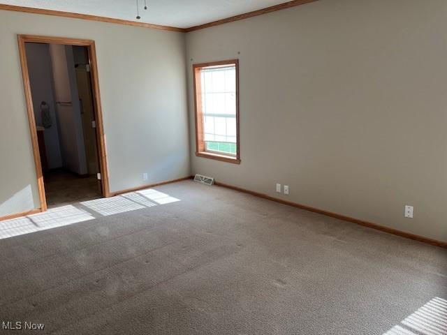 carpeted spare room featuring crown molding