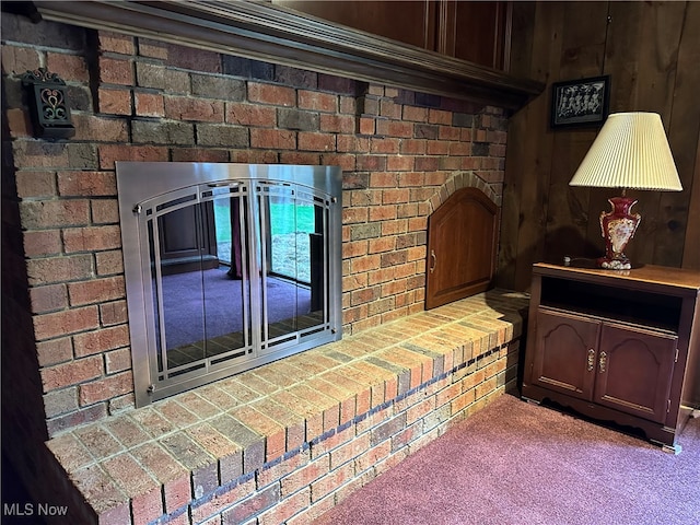 details featuring carpet and wood walls