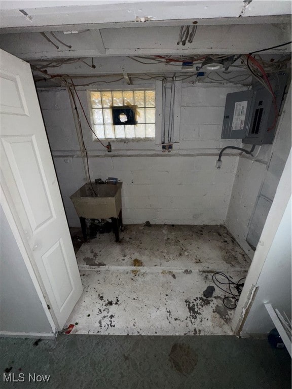 basement with sink and electric panel