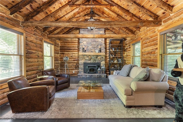 living room featuring a wood stove, lofted ceiling with beams, rustic walls, and wood ceiling