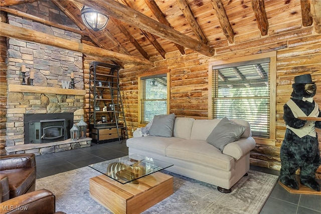 living room featuring log walls, wooden ceiling, high vaulted ceiling, and a healthy amount of sunlight