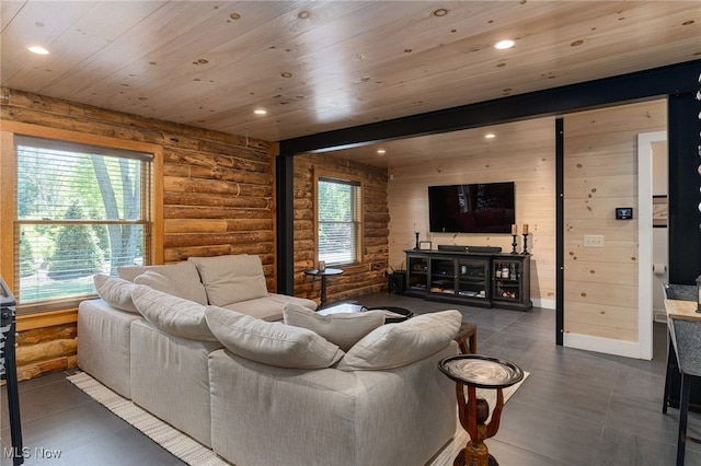 living room featuring rustic walls and wood ceiling