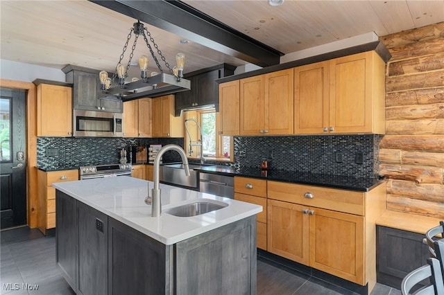 kitchen with decorative backsplash, appliances with stainless steel finishes, hanging light fixtures, and an island with sink