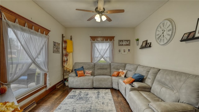 living room with ceiling fan and dark wood-type flooring