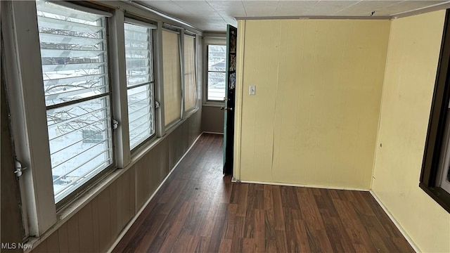 interior space with dark hardwood / wood-style floors and wooden walls