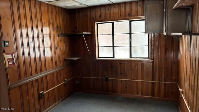 carpeted empty room featuring wooden walls