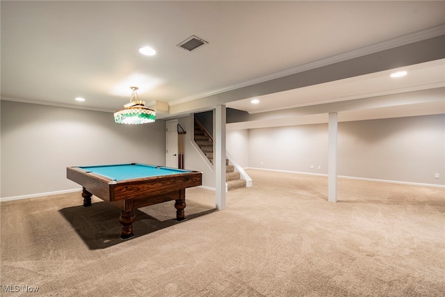 game room featuring billiards, carpet, and ornamental molding