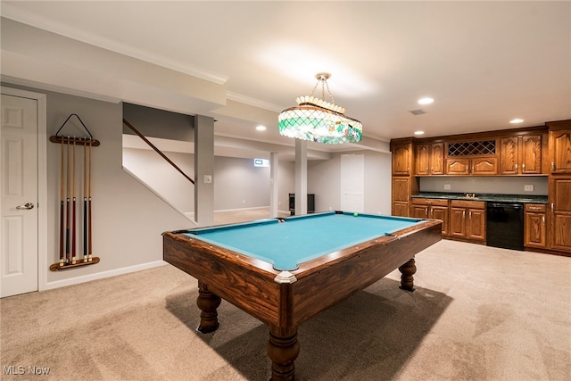 game room featuring ornamental molding, light carpet, billiards, and indoor bar