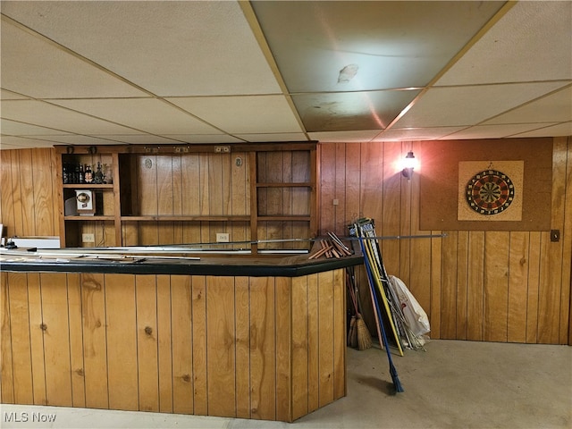 bar featuring a paneled ceiling and wooden walls