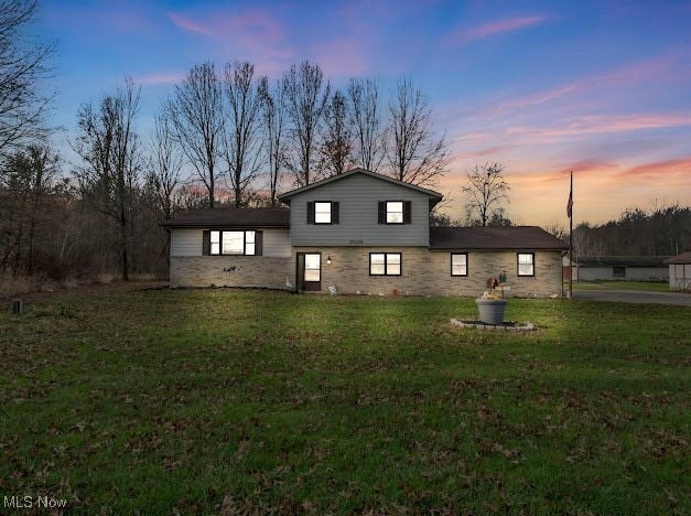 back house at dusk with a yard