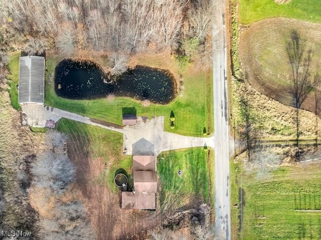 drone / aerial view with a water view and a rural view