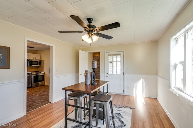 dining room with a healthy amount of sunlight, ceiling fan, and light hardwood / wood-style flooring