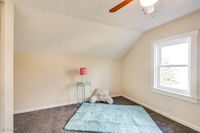 additional living space featuring vaulted ceiling, ceiling fan, carpet floors, and a textured ceiling