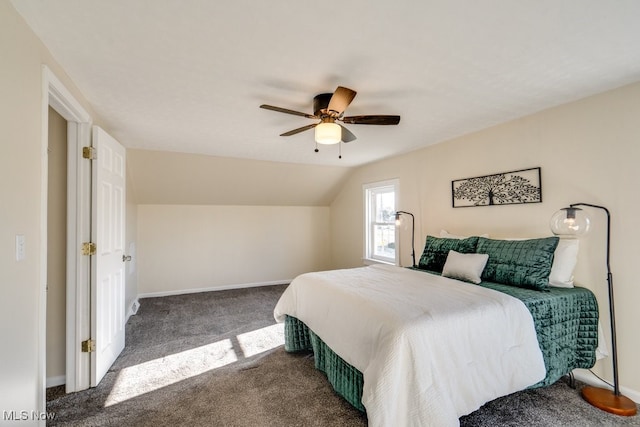 carpeted bedroom featuring ceiling fan and lofted ceiling