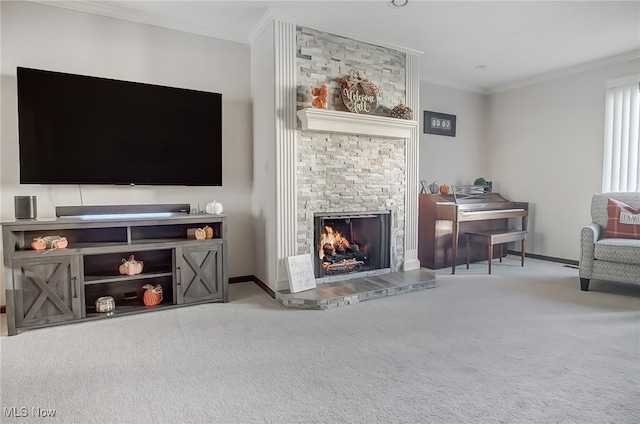 carpeted living room featuring a stone fireplace and ornamental molding