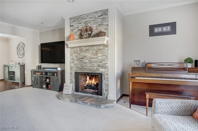 misc room featuring carpet, a stone fireplace, and ornamental molding