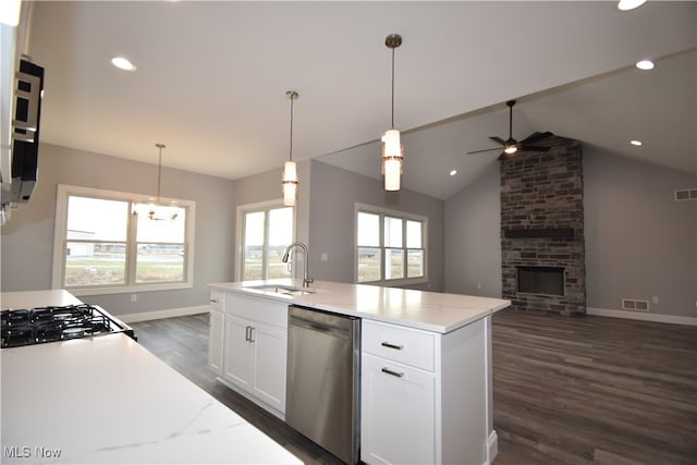 kitchen featuring a fireplace, vaulted ceiling, stainless steel dishwasher, and a wealth of natural light