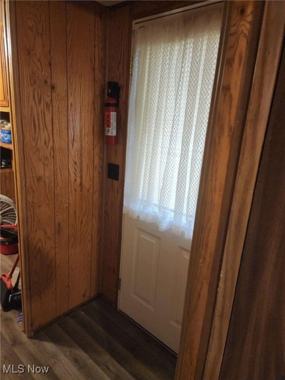 interior space featuring wooden walls and dark wood-type flooring