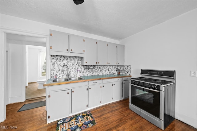 kitchen with backsplash, dark hardwood / wood-style flooring, sink, and stainless steel stove