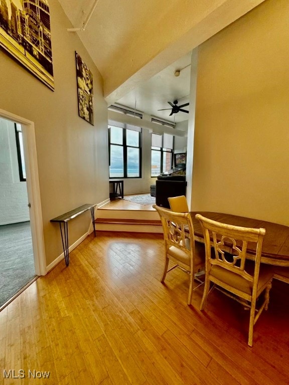 dining space featuring hardwood / wood-style flooring and ceiling fan