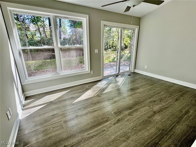 unfurnished room with ceiling fan and dark wood-type flooring