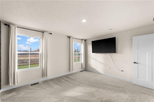 unfurnished room featuring a textured ceiling and light colored carpet