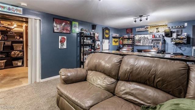 carpeted living room with bar and track lighting