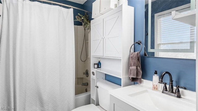 full bathroom featuring vanity, toilet, and shower / bathtub combination with curtain