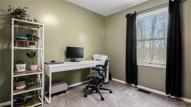 office space featuring a textured ceiling, light colored carpet, and a healthy amount of sunlight