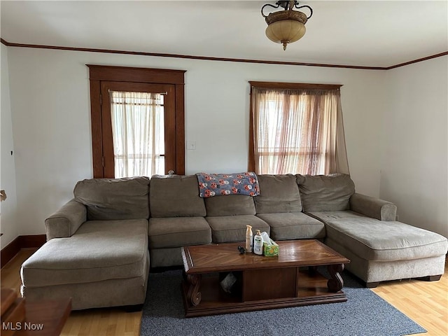 living room with plenty of natural light, ornamental molding, and hardwood / wood-style flooring