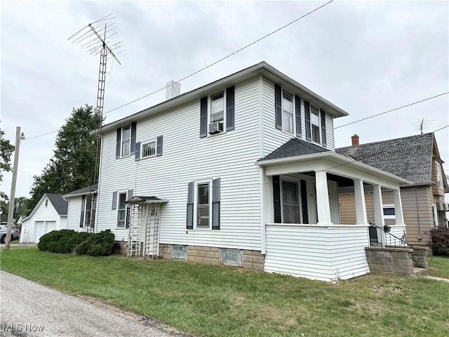 view of property exterior with a porch, a yard, and cooling unit