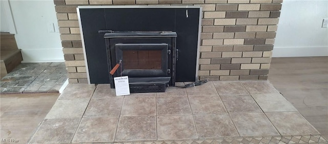 interior details featuring a wood stove