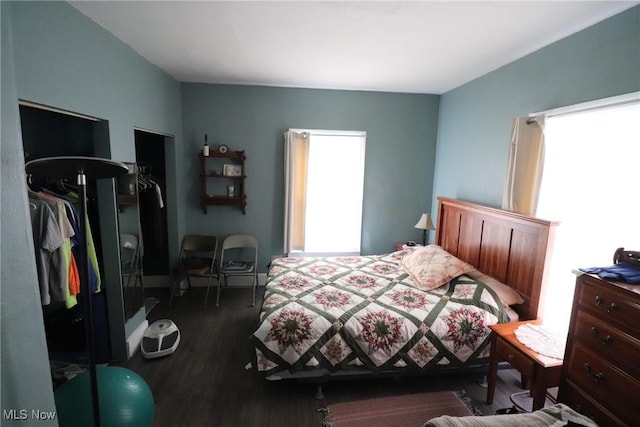 bedroom with dark hardwood / wood-style flooring and multiple windows