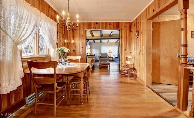 dining room featuring a chandelier, hardwood / wood-style flooring, a wealth of natural light, and wood walls