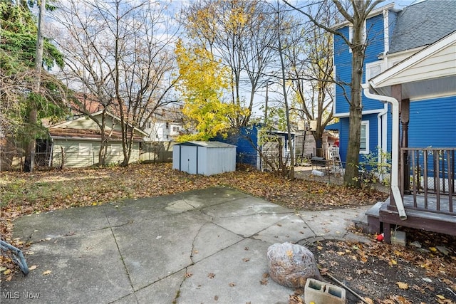 view of patio / terrace featuring a shed