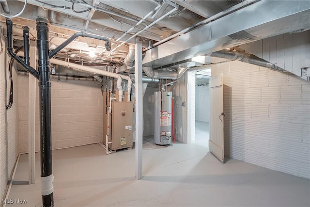 basement with heating unit and water heater