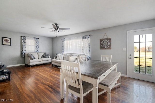 dining room featuring ceiling fan and dark wood-type flooring