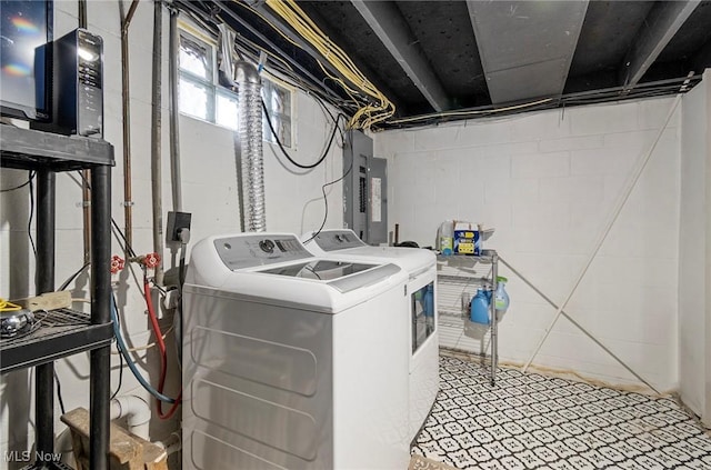 clothes washing area with electric panel and washer and clothes dryer