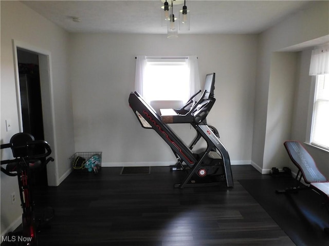 exercise room with a wealth of natural light and dark hardwood / wood-style flooring