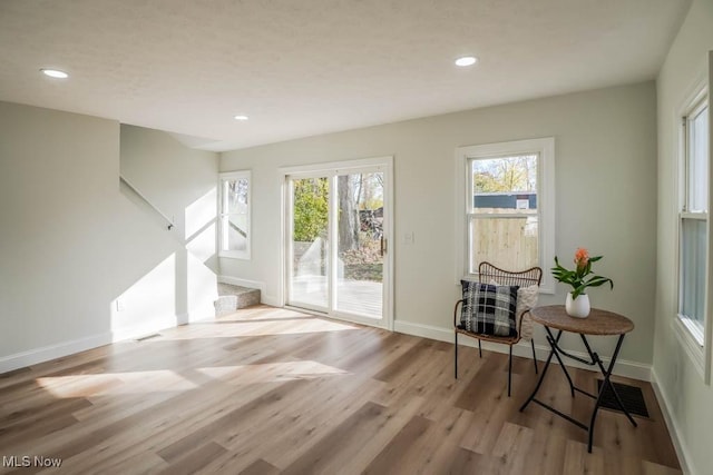 doorway to outside with light wood-type flooring