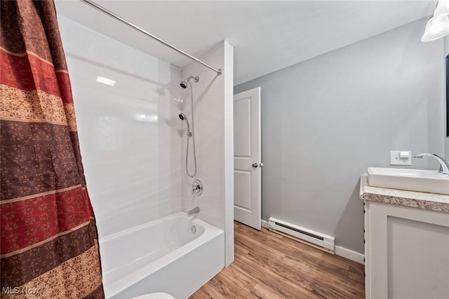 bathroom featuring hardwood / wood-style flooring, vanity, shower / bathtub combination with curtain, and a baseboard radiator