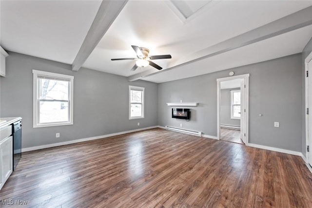 unfurnished living room with beam ceiling, ceiling fan, dark wood-type flooring, and a baseboard radiator