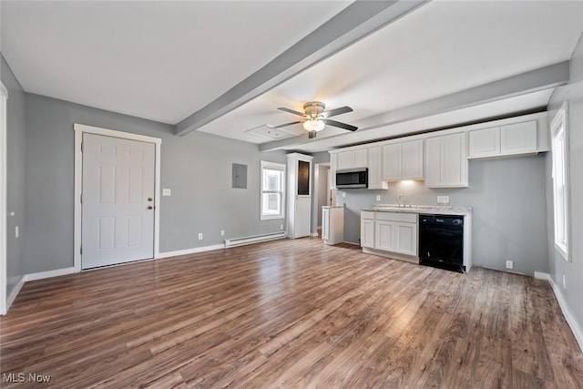 kitchen with dishwasher, white cabinetry, baseboard heating, and beamed ceiling