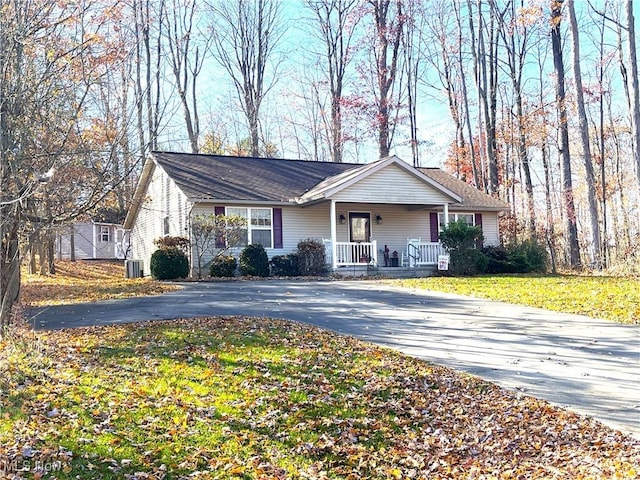 ranch-style house with a front yard and a porch