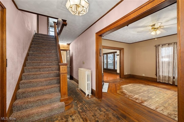 staircase featuring hardwood / wood-style floors, radiator, and a healthy amount of sunlight