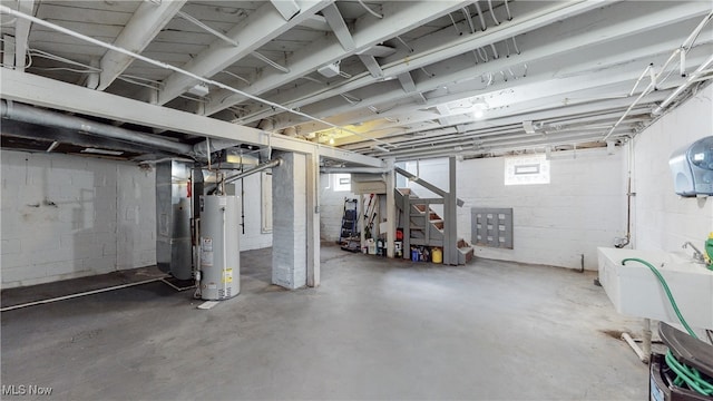 basement with heating unit and water heater