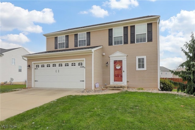 view of front of property featuring a front lawn and a garage